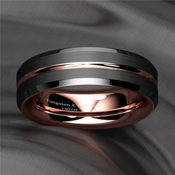 Tungsten Wedding Bands for Women 6mm Black Brushed Rose Gold Rings for Her - Picture 6 of 7